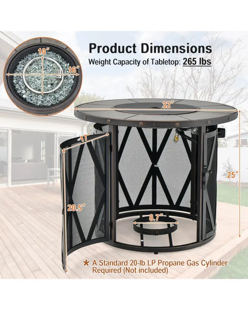 32 Inch 30000BTU Fire Pit Table with Fire Glasses and PVC Cover - Black - Fire Pit Tables