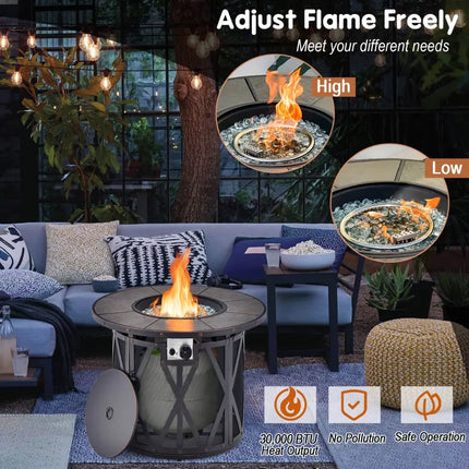 32 Inch 30000BTU Fire Pit Table with Fire Glasses and PVC Cover - Black - Fire Pit Tables