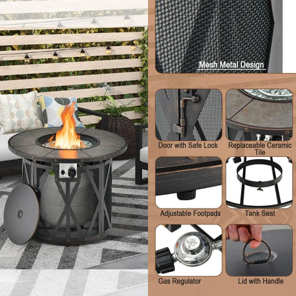 32 Inch 30000BTU Fire Pit Table with Fire Glasses and PVC Cover - Black - Fire Pit Tables