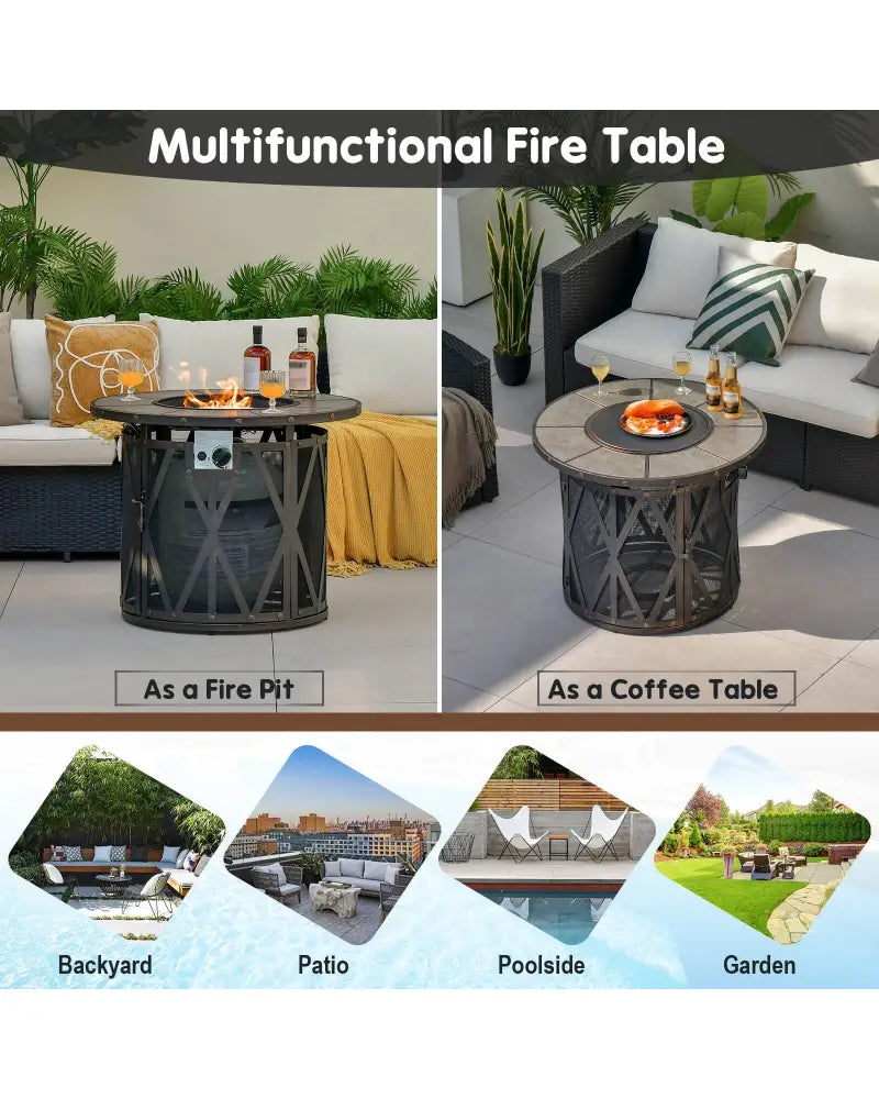 32 Inch 30000BTU Fire Pit Table with Fire Glasses and PVC Cover - Black - Fire Pit Tables