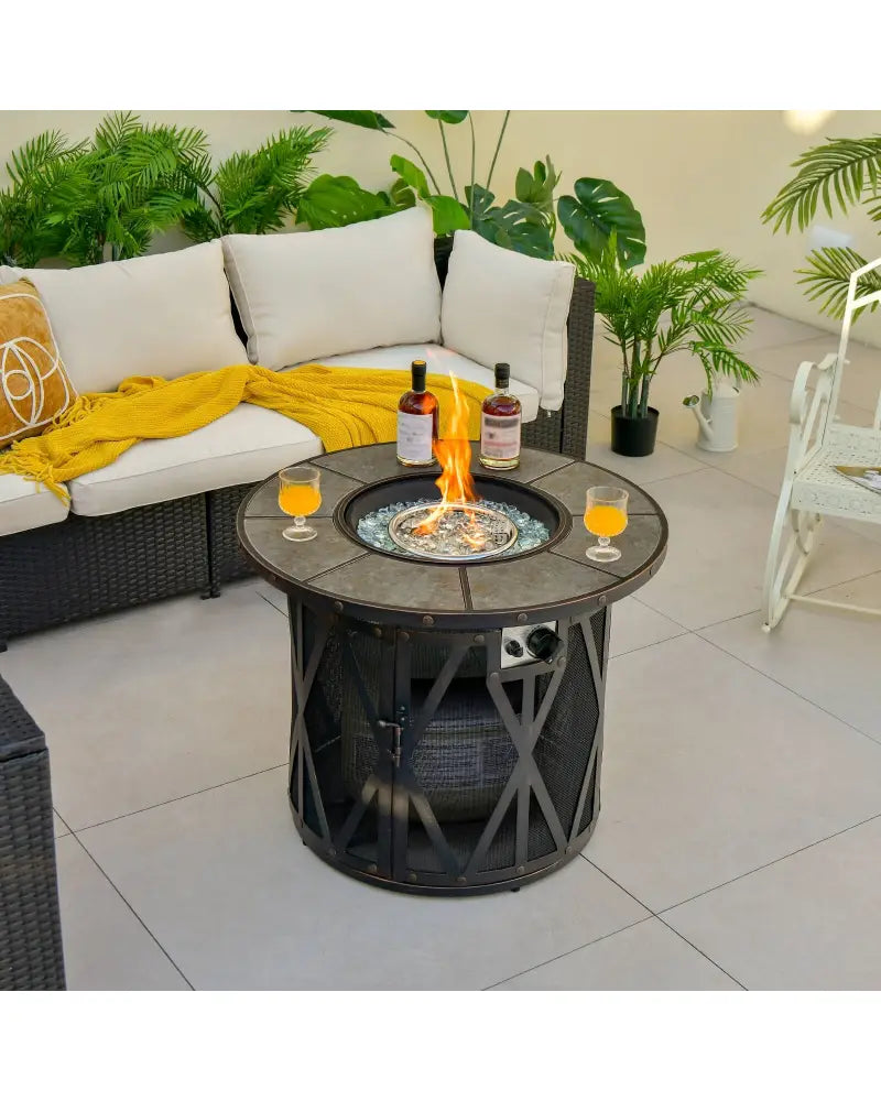 32 Inch 30000BTU Fire Pit Table with Fire Glasses and PVC Cover - Black - Fire Pit Tables