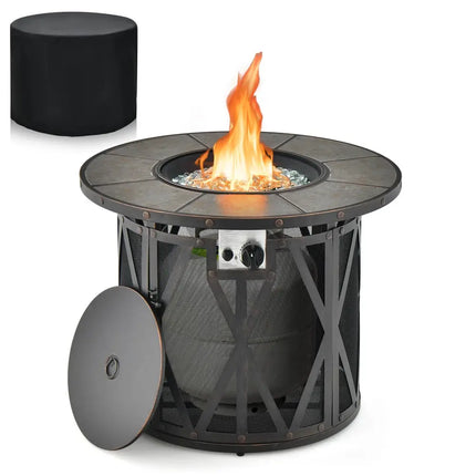 32 Inch 30000BTU Fire Pit Table with Fire Glasses and PVC Cover - Black - Fire Pit Tables