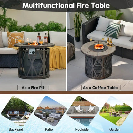 32 Inch 30000BTU Fire Pit Table with Fire Glasses and PVC Cover - Black - Fire Pit Tables