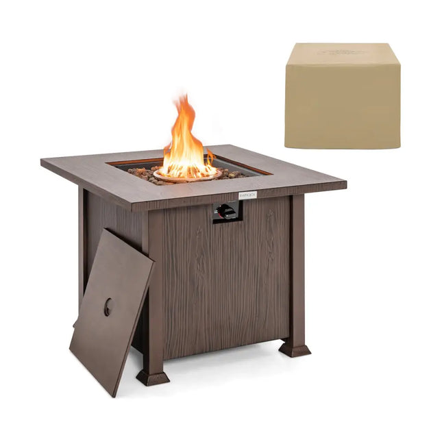32 Inch 50 000 BTU Square Fire Pit Table with Lid and Lava Rocks-Brown - Brown - Fire Pit Tables