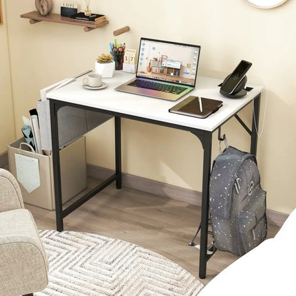 32 Inch Computer Desk Small Home Office Desk with Charging Station-White Costway