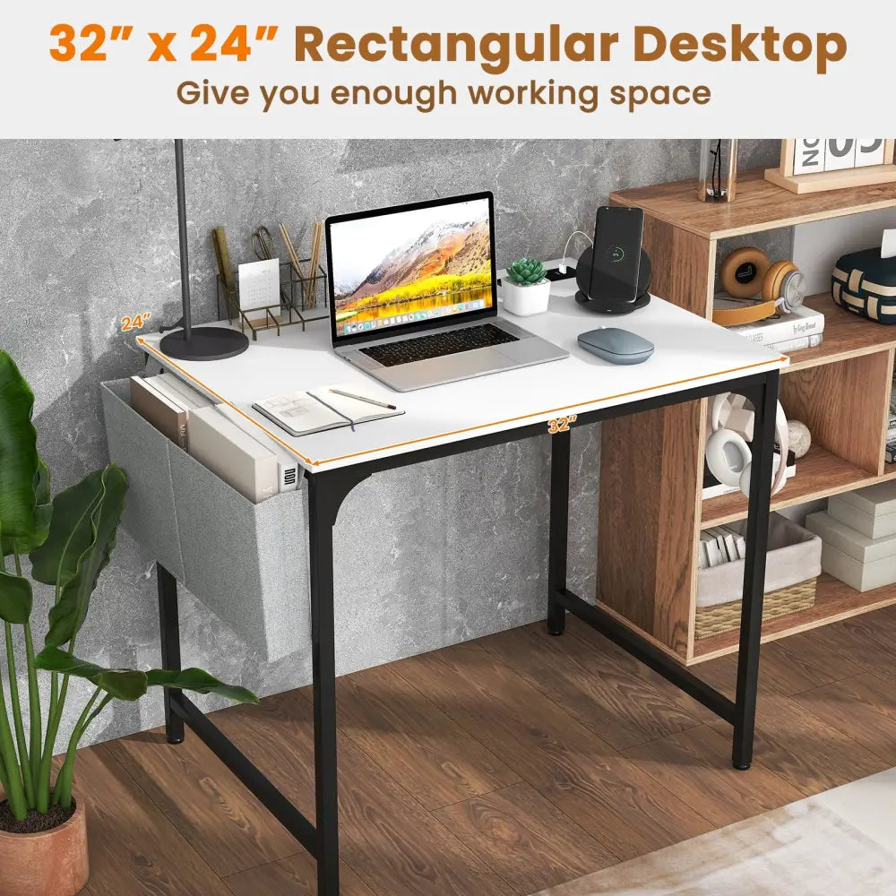 32 Inch Computer Desk Small Home Office Desk with Charging Station-White - White - Writing Desks