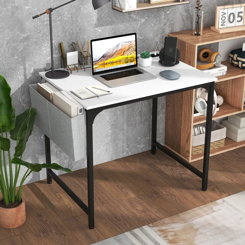 32 Inch Computer Desk Small Home Office Desk with Charging Station-White - White - Writing Desks