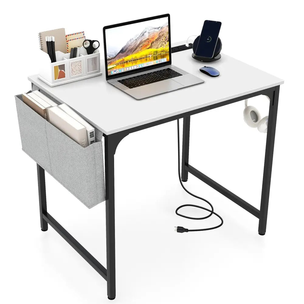 32 Inch Computer Desk Small Home Office Desk with Charging Station-White - White - Writing Desks