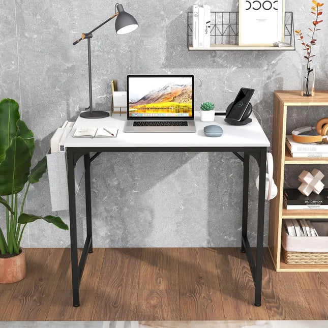 32 Inch Computer Desk Small Home Office Desk with Charging Station-White Costway