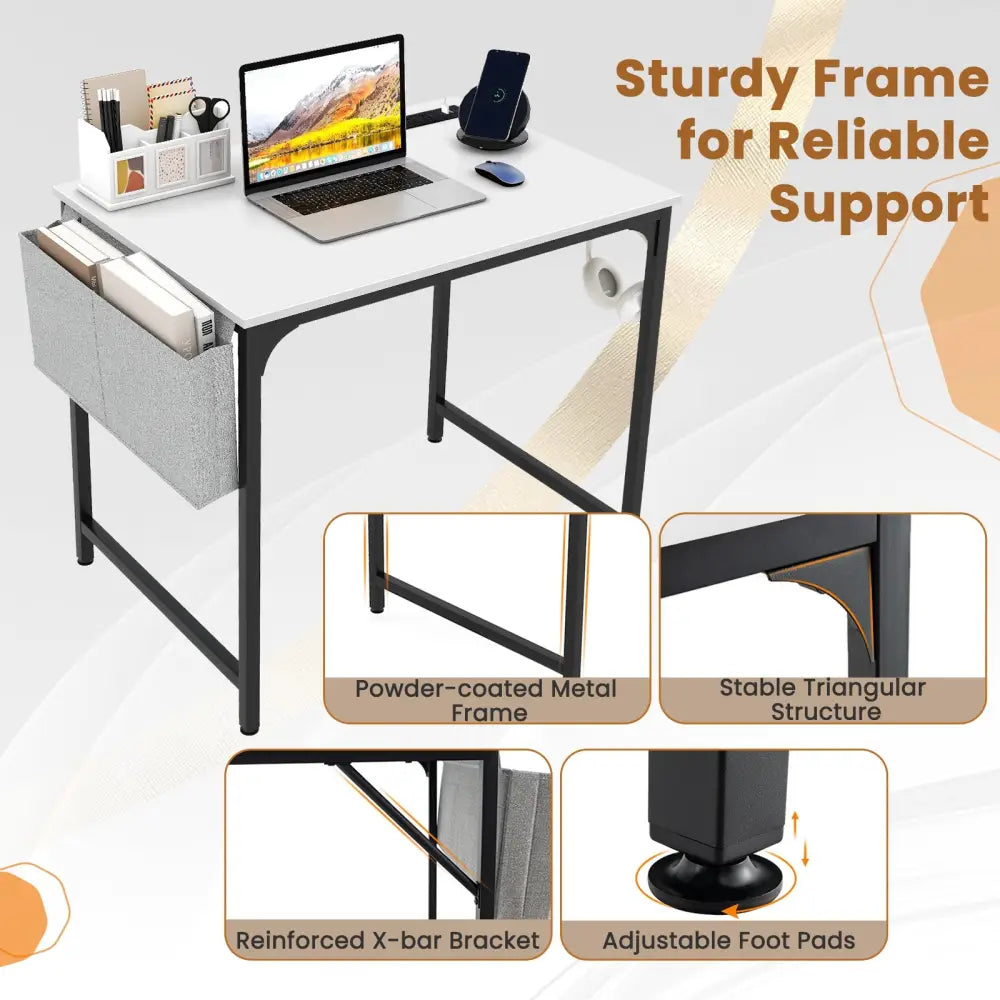 32 Inch Computer Desk Small Home Office Desk with Charging Station-White - White - Writing Desks