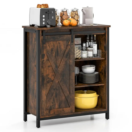 32 Inch Farmhouse Sideboard Buffet Cabinet with Sliding Barn Door and Adjustable Shelves-Rustic Brown Costway