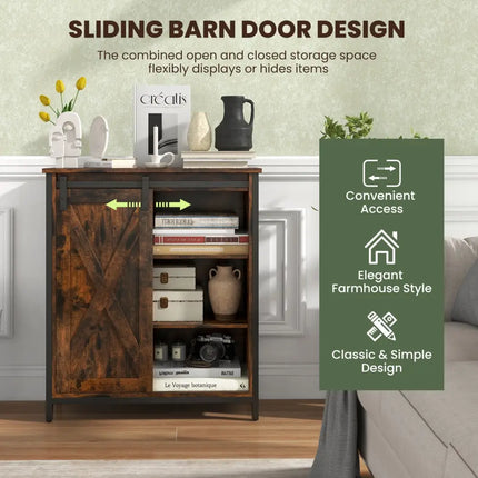 32 Inch Farmhouse Sideboard Buffet Cabinet with Sliding Barn Door and Adjustable Shelves-Rustic Brown Costway