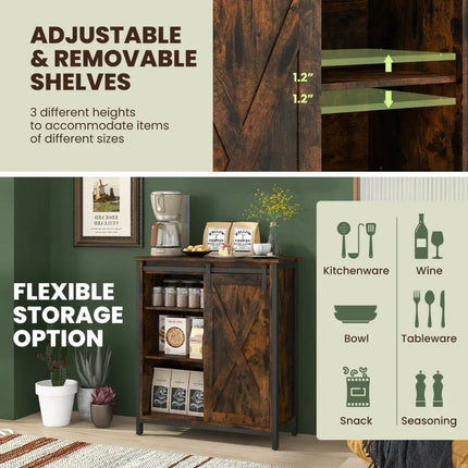 32 Inch Farmhouse Sideboard Buffet Cabinet with Sliding Barn Door and Adjustable Shelves-Rustic Brown Costway