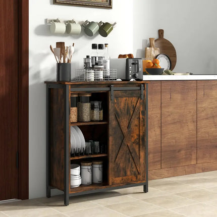 32 Inch Farmhouse Sideboard Buffet Cabinet with Sliding Barn Door and Adjustable Shelves-Rustic Brown Costway