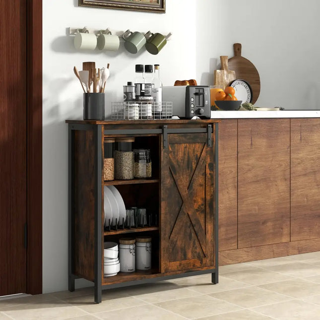 32 Inch Farmhouse Sideboard Buffet Cabinet with Sliding Barn Door and Adjustable Shelves-Rustic Brown Costway