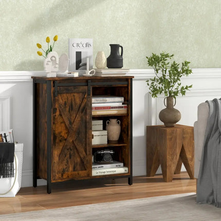 32 Inch Farmhouse Sideboard Buffet Cabinet with Sliding Barn Door and Adjustable Shelves-Rustic Brown Costway