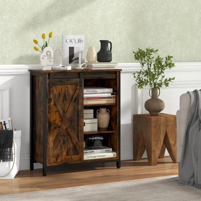 32 Inch Farmhouse Sideboard Buffet Cabinet with Sliding Barn Door and Adjustable Shelves-Rustic Brown Costway