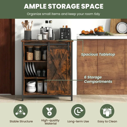 32 Inch Farmhouse Sideboard Buffet Cabinet with Sliding Barn Door and Adjustable Shelves-Rustic Brown Costway