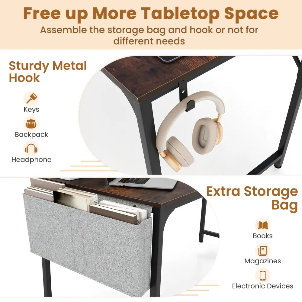 32 Inch Home Office Desk with Charging Station Storage Bag and Headphone Hook-Rustic Brown - Rustic Brown - Writing