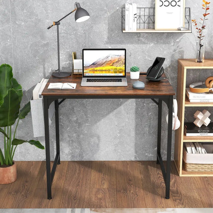 32 Inch Home Office Desk with Charging Station Storage Bag and Headphone Hook-Rustic Brown Costway
