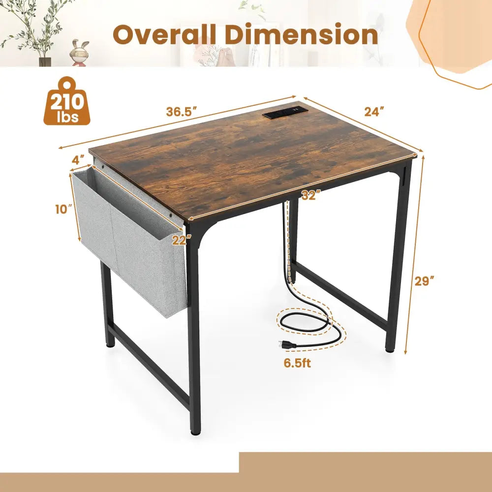 32 Inch Home Office Desk with Charging Station Storage Bag and Headphone Hook-Rustic Brown - Rustic Brown - Writing