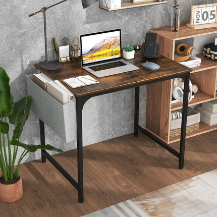 32 Inch Home Office Desk with Charging Station Storage Bag and Headphone Hook-Rustic Brown Costway