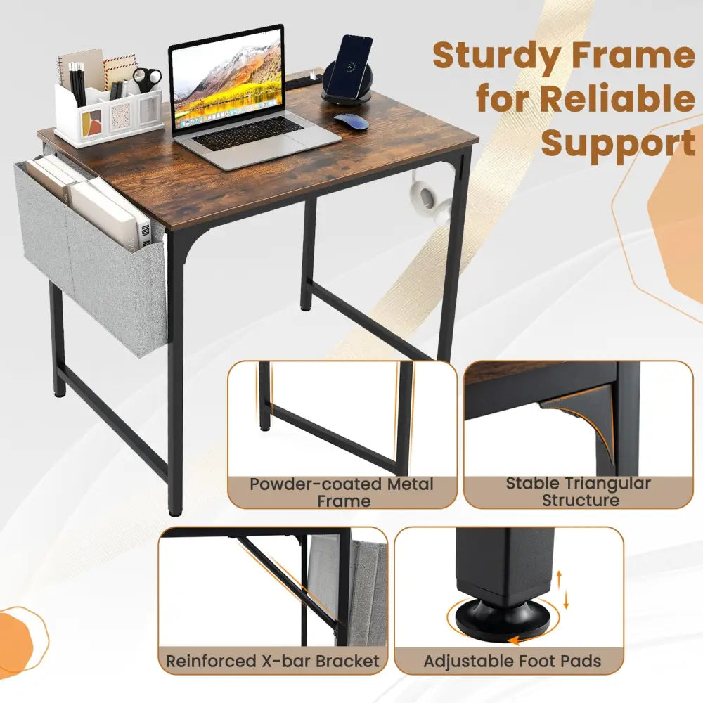 32 Inch Home Office Desk with Charging Station Storage Bag and Headphone Hook-Rustic Brown - Rustic Brown - Writing