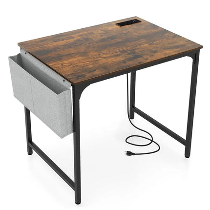 32 Inch Home Office Desk with Charging Station Storage Bag and Headphone Hook-Rustic Brown Costway