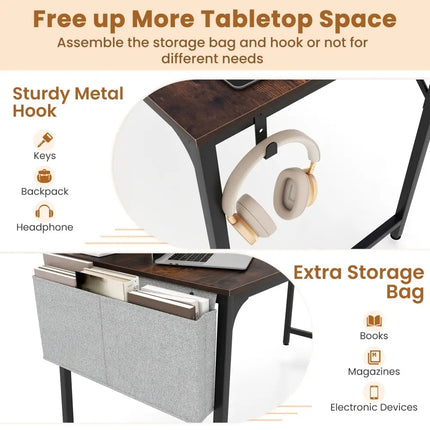 32 Inch Home Office Desk with Charging Station Storage Bag and Headphone Hook-Rustic Brown Costway