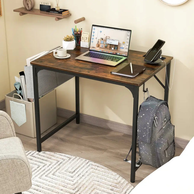 32 Inch Home Office Desk with Charging Station Storage Bag and Headphone Hook-Rustic Brown Costway