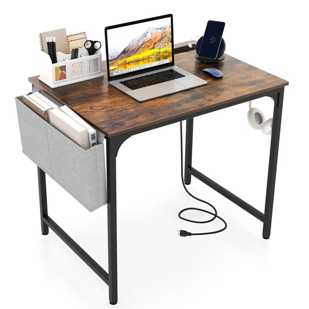 32 Inch Home Office Desk with Charging Station Storage Bag and Headphone Hook-Rustic Brown - Rustic Brown - Writing