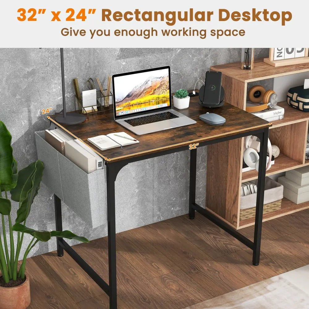 32 Inch Home Office Desk with Charging Station Storage Bag and Headphone Hook-Rustic Brown - Rustic Brown - Writing