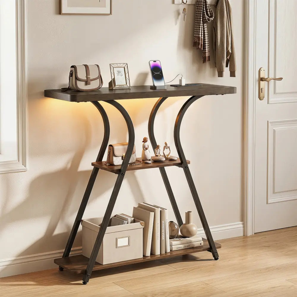 32 Inch Narrow Long Entryway Table with Power Outlets and LED Lights-Brown - Brown - Console Tables