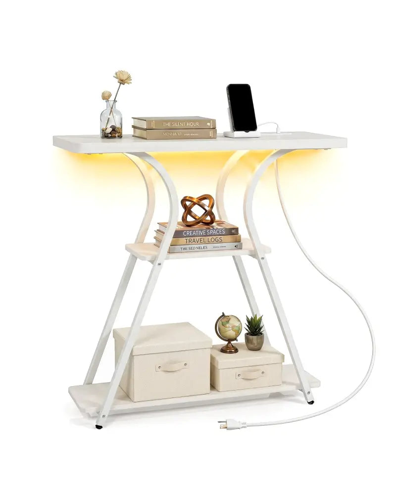 32 Inch Narrow Long Entryway Table with Power Outlets and LED Lights-Oak - Oak - Console Tables