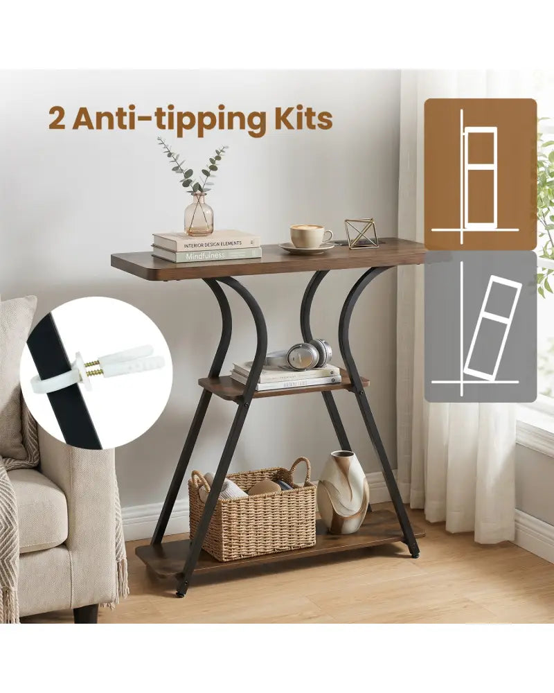 32 Inch Narrow Long Entryway Table with Power Outlets and LED Lights-Brown - Brown - Console Tables