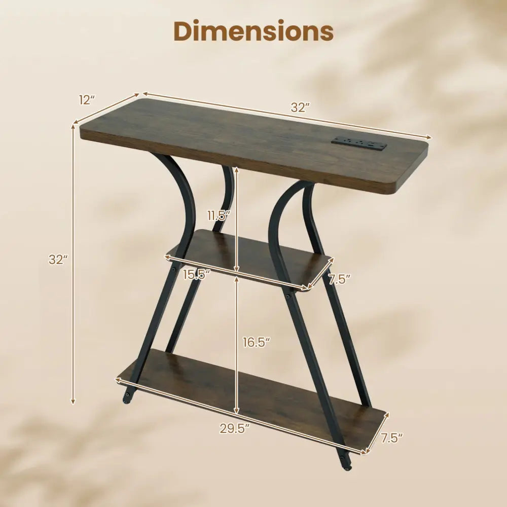 32 Inch Narrow Long Entryway Table with Power Outlets and LED Lights-Brown - Brown - Console Tables