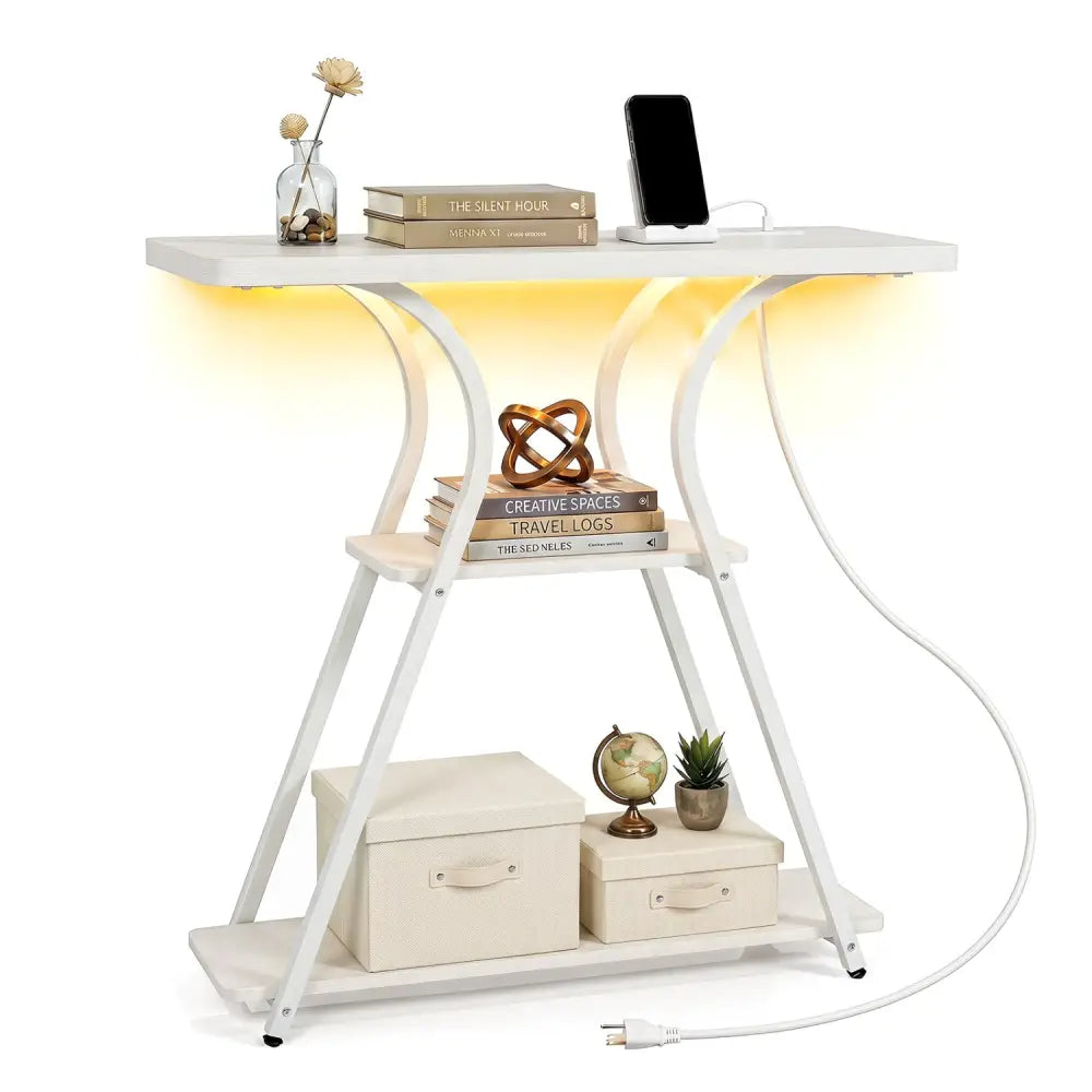 32 Inch Narrow Long Entryway Table with Power Outlets and LED Lights-Oak - Oak - Console Tables