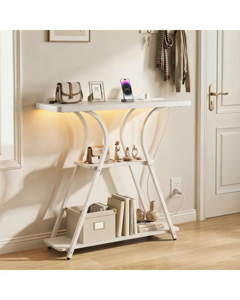 32 Inch Narrow Long Entryway Table with Power Outlets and LED Lights-Oak - Oak - Console Tables