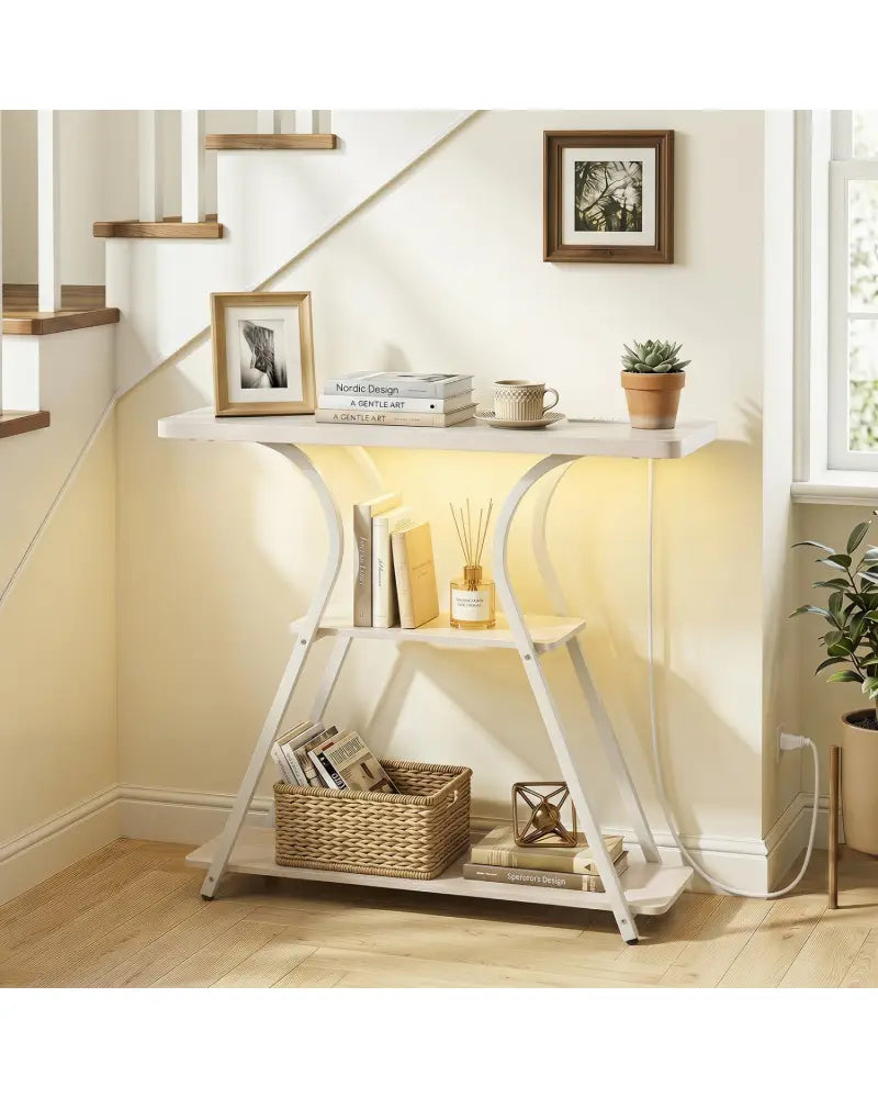 32 Inch Narrow Long Entryway Table with Power Outlets and LED Lights-Oak - Oak - Console Tables