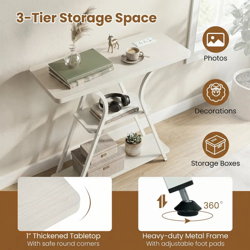 32 Inch Narrow Long Entryway Table with Power Outlets and LED Lights-Oak - Oak - Console Tables