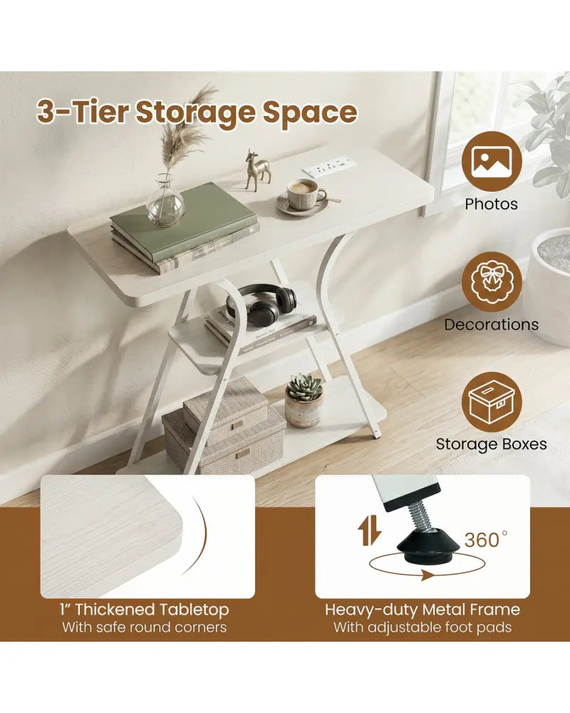 32 Inch Narrow Long Entryway Table with Power Outlets and LED Lights-Oak - Oak - Console Tables
