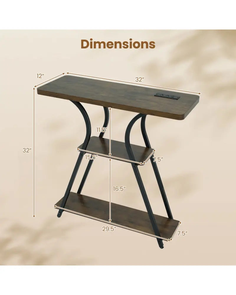 32 Inch Narrow Long Entryway Table with Power Outlets and LED Lights-Brown - Brown - Console Tables