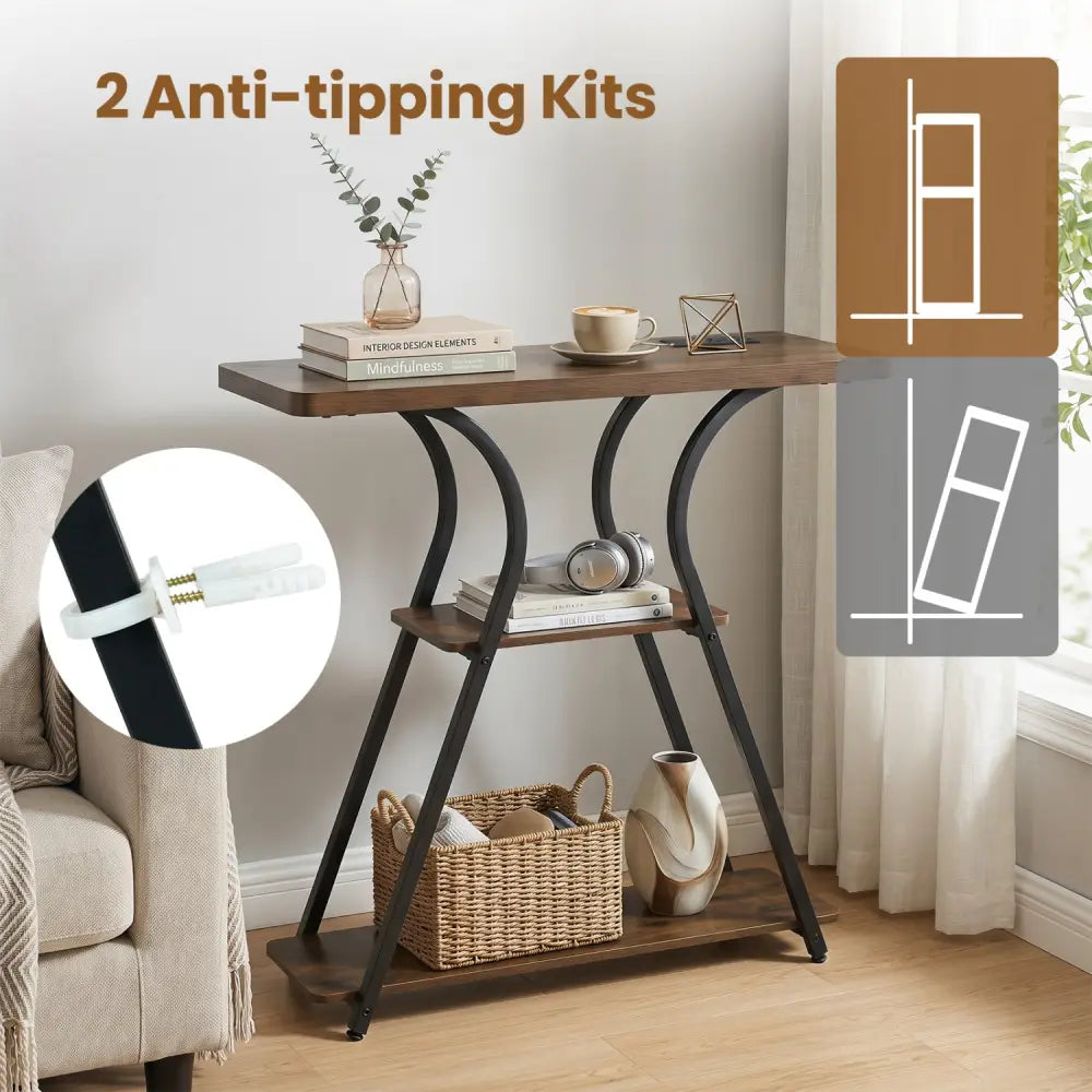 32 Inch Narrow Long Entryway Table with Power Outlets and LED Lights-Brown - Brown - Console Tables