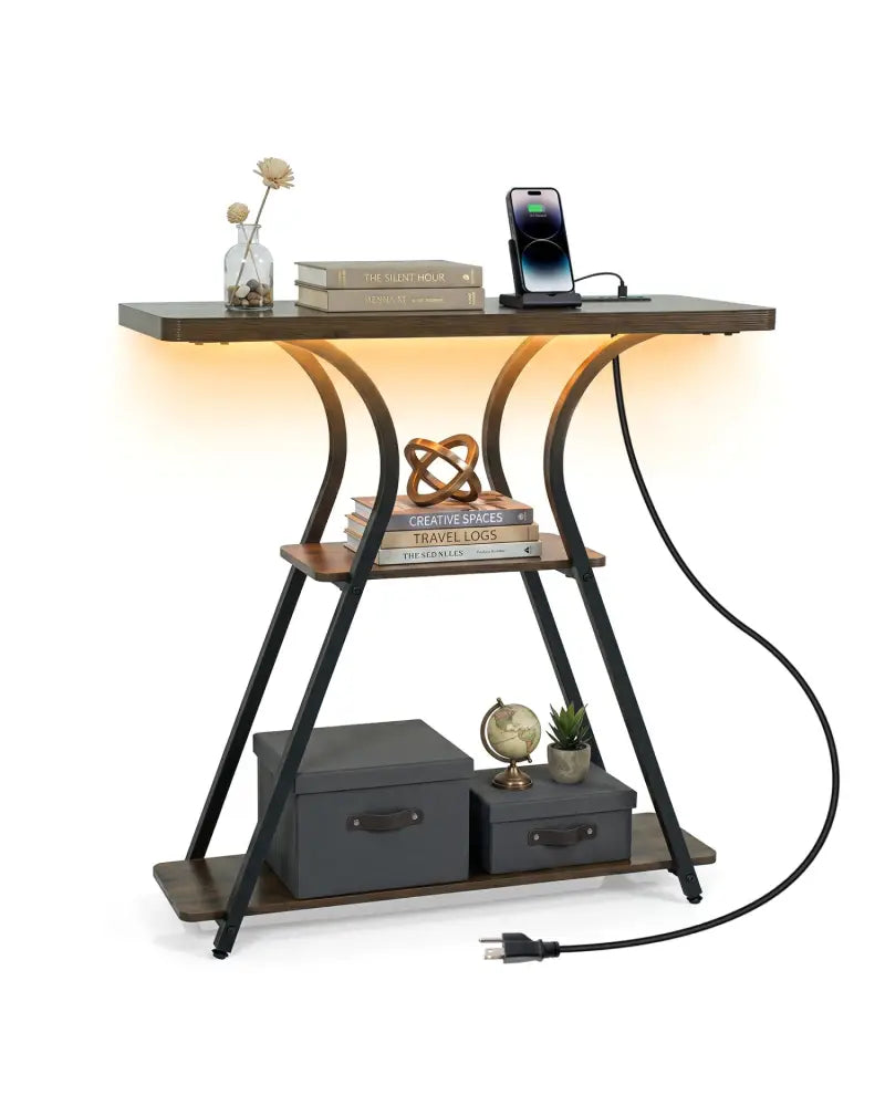 32 Inch Narrow Long Entryway Table with Power Outlets and LED Lights-Brown - Brown - Console Tables