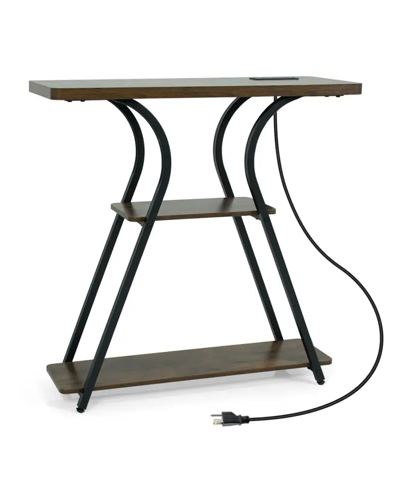 32 Inch Narrow Long Entryway Table with Power Outlets and LED Lights-Brown - Brown - Console Tables