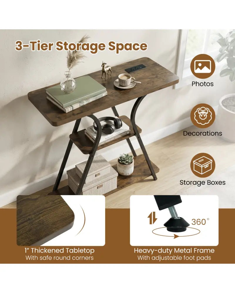 32 Inch Narrow Long Entryway Table with Power Outlets and LED Lights-Brown - Brown - Console Tables