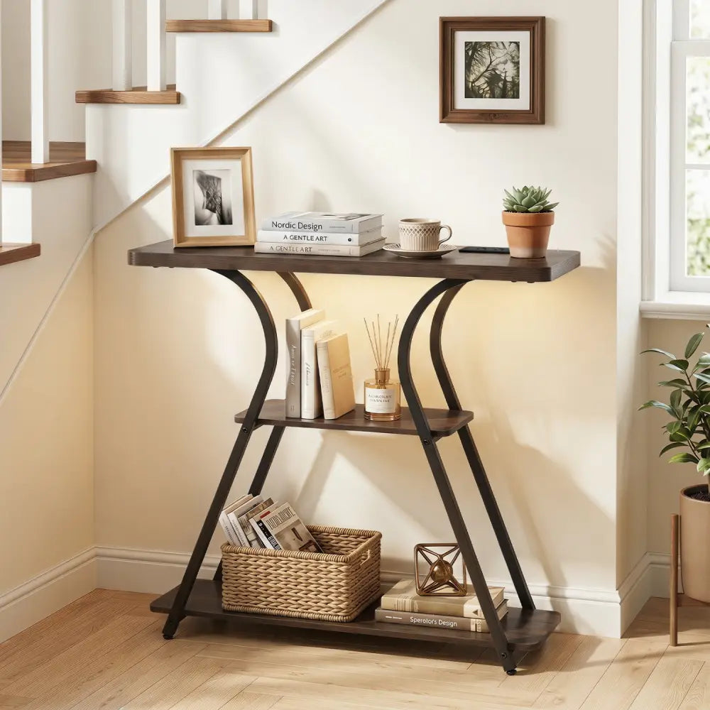 32 Inch Narrow Long Entryway Table with Power Outlets and LED Lights-Brown - Brown - Console Tables
