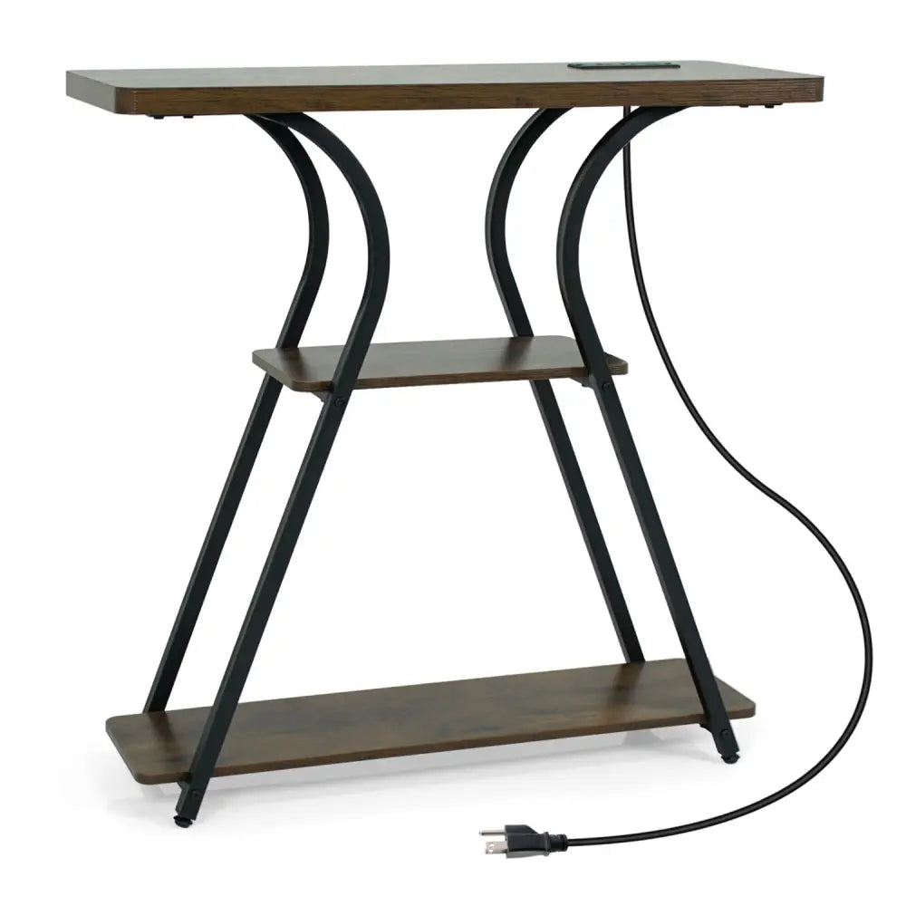32 Inch Narrow Long Entryway Table with Power Outlets and LED Lights-Brown - Brown - Console Tables