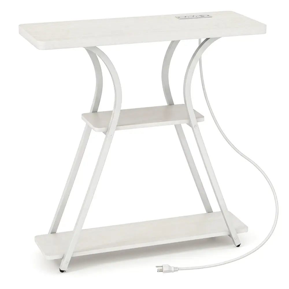 32 Inch Narrow Long Entryway Table with Power Outlets and LED Lights-Oak - Oak - Console Tables