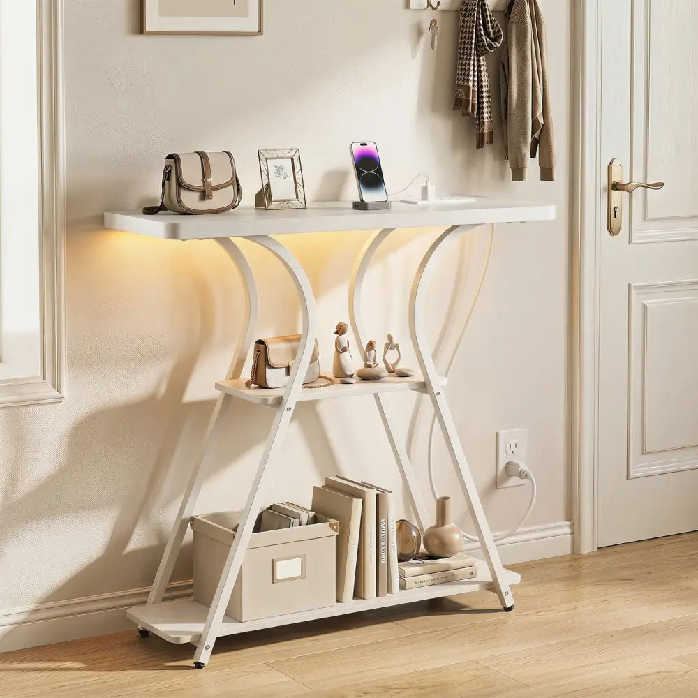 32 Inch Narrow Long Entryway Table with Power Outlets and LED Lights-Oak - Oak - Console Tables